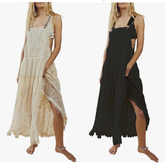 Ebossy Dresses & Skirts - NWT Boho Free People Inspired Laced Embroidered Tulle Bib Maxi Dress black m